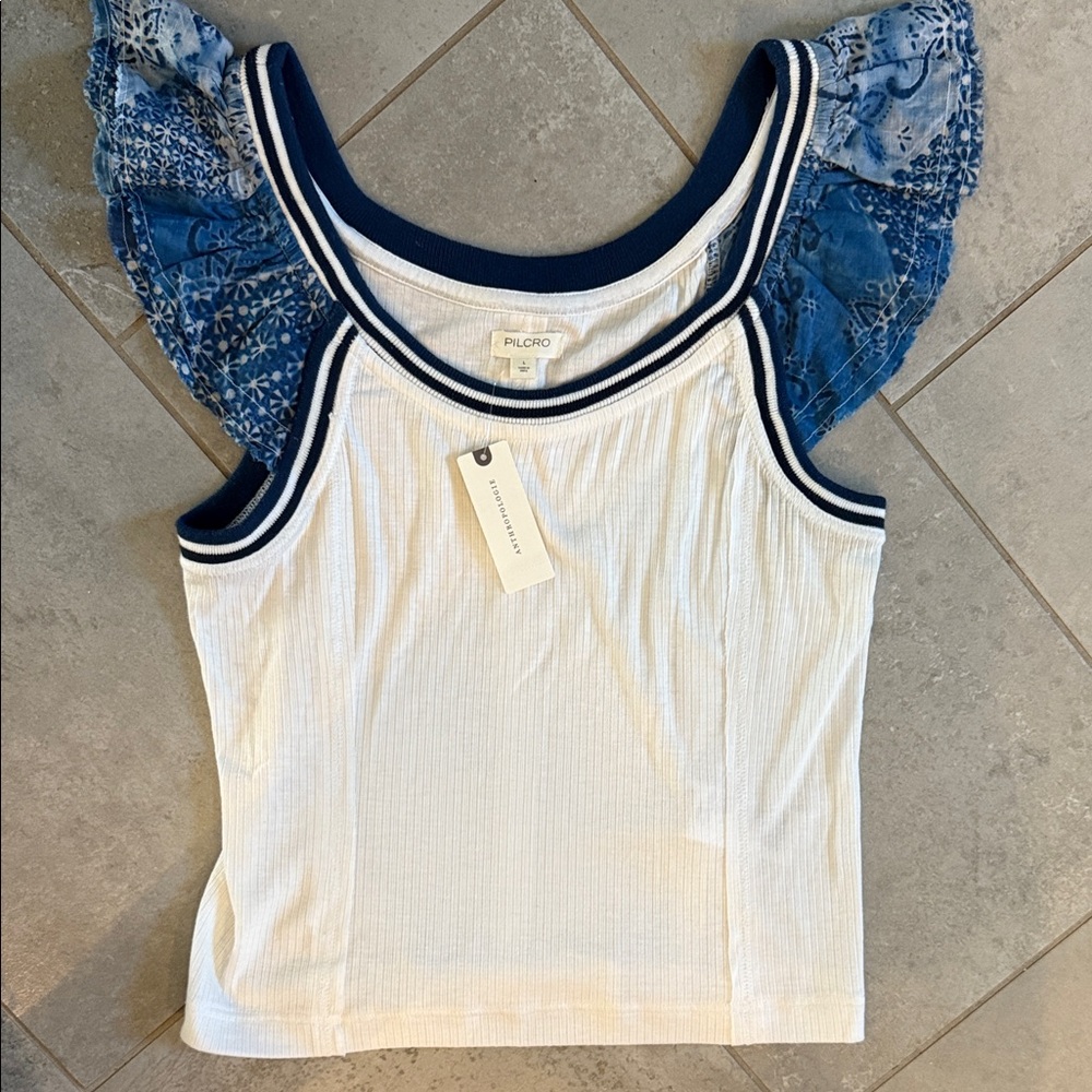 NWT Anthropologie Pilcro White Tank Top with Blue Lace Sleeves $68